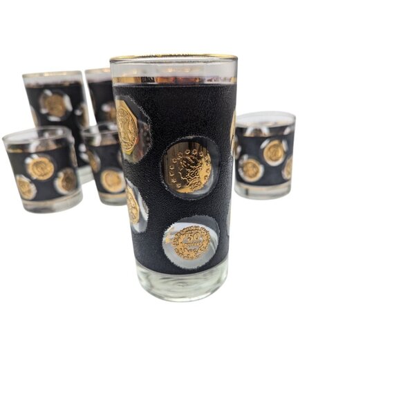 Vtg Libby Black & Gold Roman Coin Pattern Glasses Set Of 8 - Picture 3 of 10